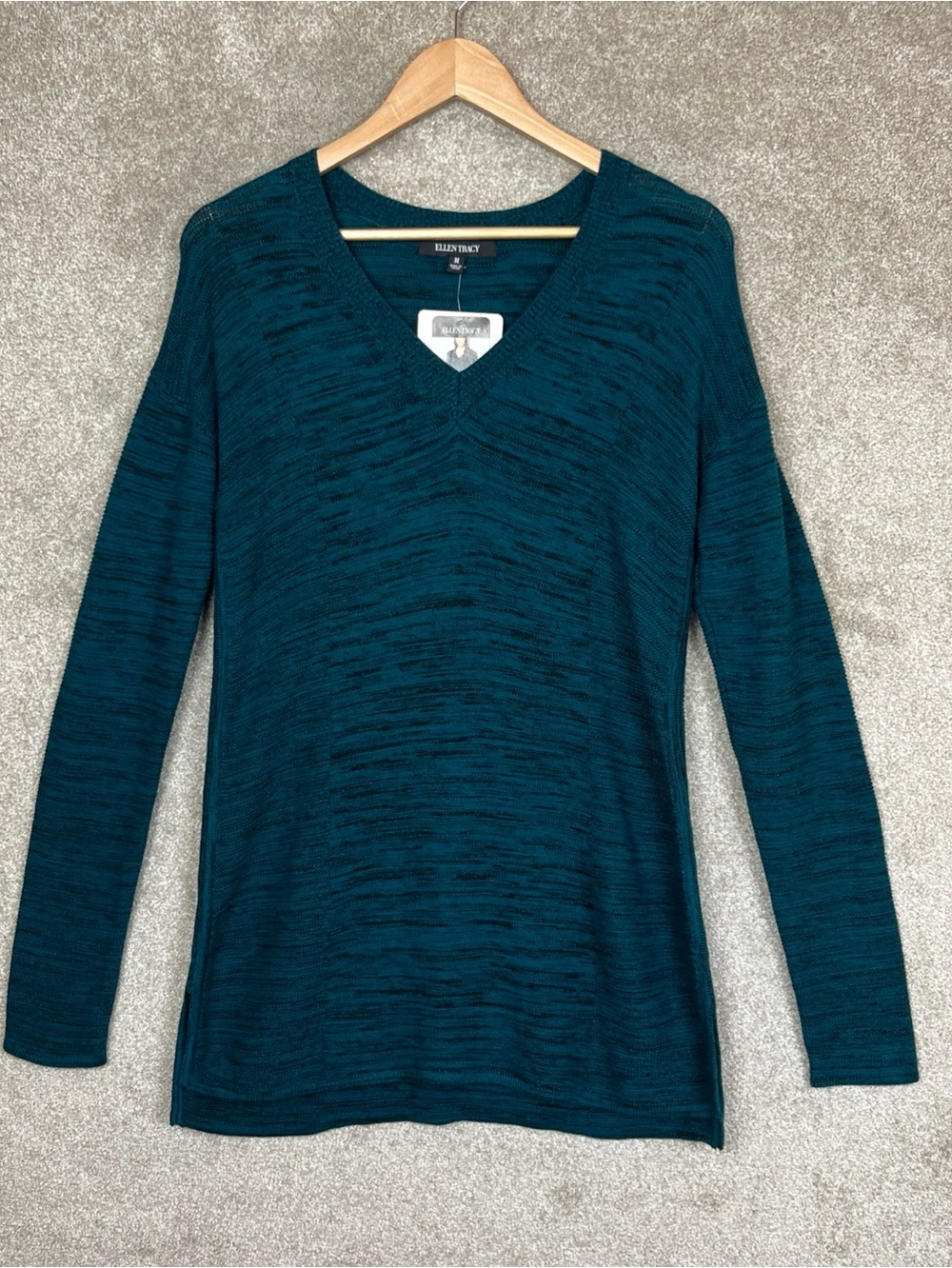 Ellen Tracy Sweater Womens Medium Green Tunic V Neck Cotton Blend New- 4953